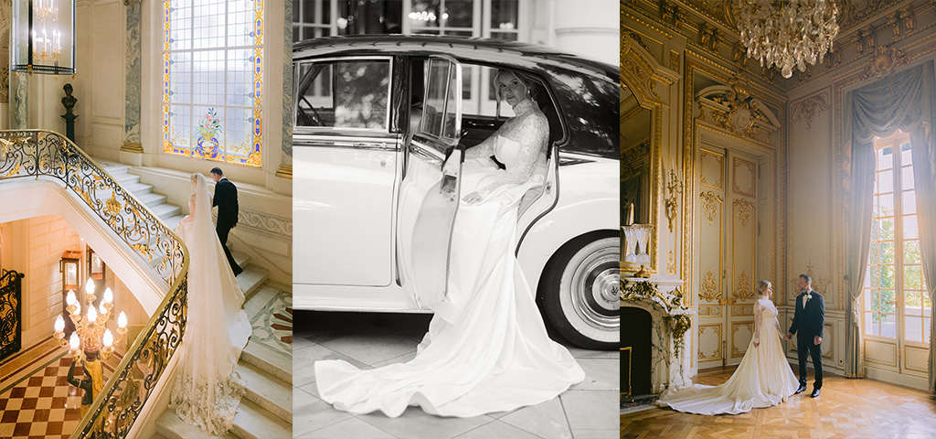 3 photos of the newlyweds in a palace. They are on the stairs of the shangri la, in the car and in a reception hall